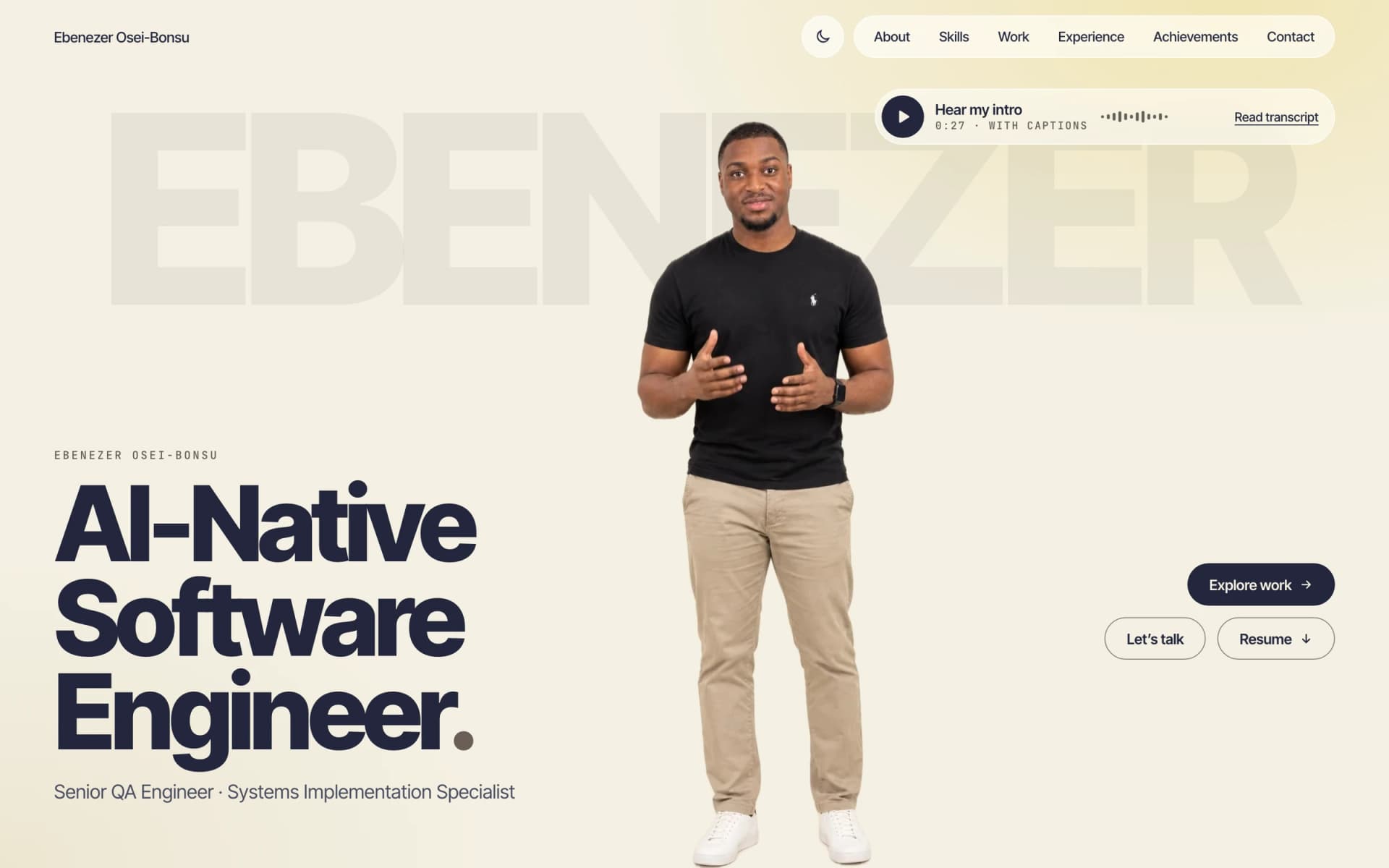 Home page of this portfolio: Ebenezer’s full-length photo beside the headline “AI-Native Software Engineer.”, with the voice-intro player at the top right.