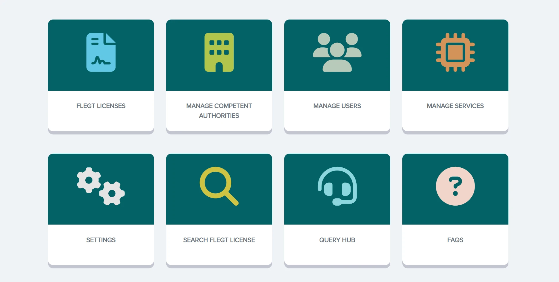 FLEGT Portal home menu with tiles for FLEGT licences, competent authorities, users, services, settings, licence search, a query hub and FAQs.