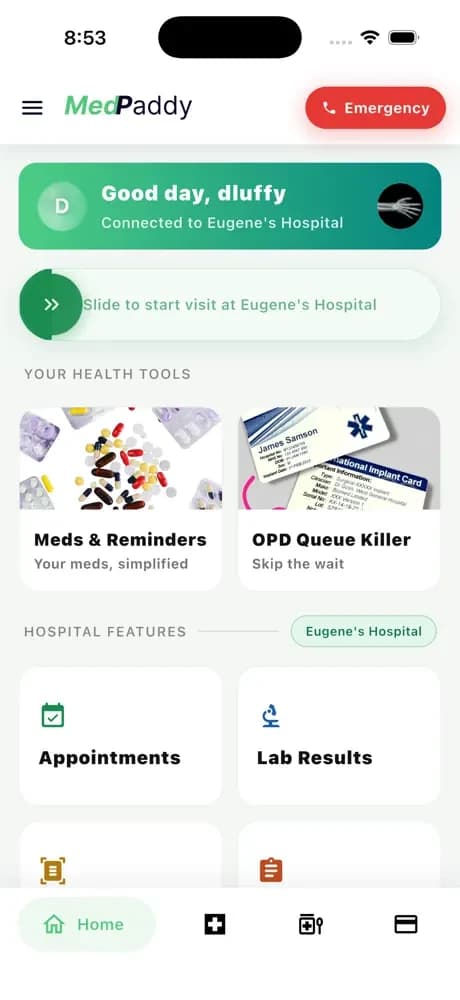 MedPaddy home screen on an iPhone: a greeting connected to the patient’s hospital, health tools for meds and reminders and the OPD queue, and hospital features such as appointments and lab results.