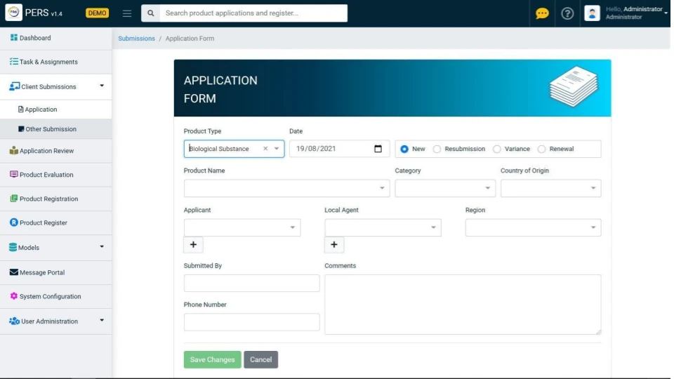 PERS product application form with fields for product type, name, category, applicant and local agent.