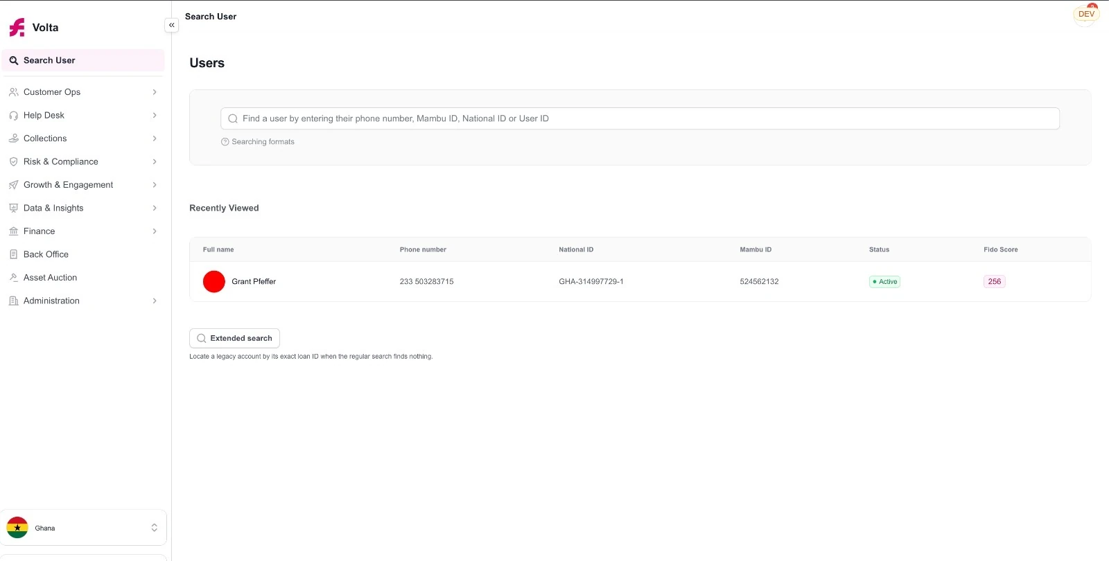 Volta’s Search User screen: one search box for a phone number, Mambu ID, national ID or user ID, and a recently viewed customer with status and Fido Score.