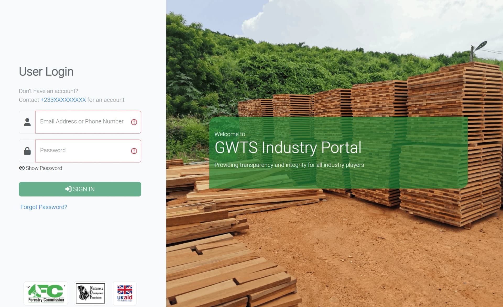 GWTS Industry Portal sign-in page beside a photo of stacked sawn timber.