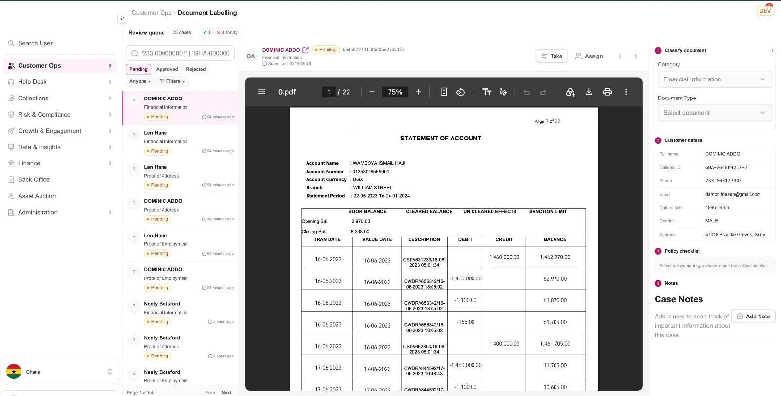 Adowa document-labelling review queue: pending customer submissions on the left, a statement of account open in the PDF viewer, and panels to classify the document, check customer details and follow the policy checklist.