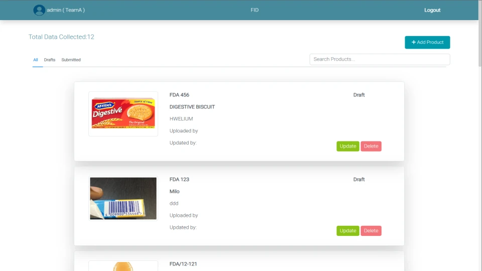 Food Ingredient Database list of collected food products with their FDA numbers and draft status.