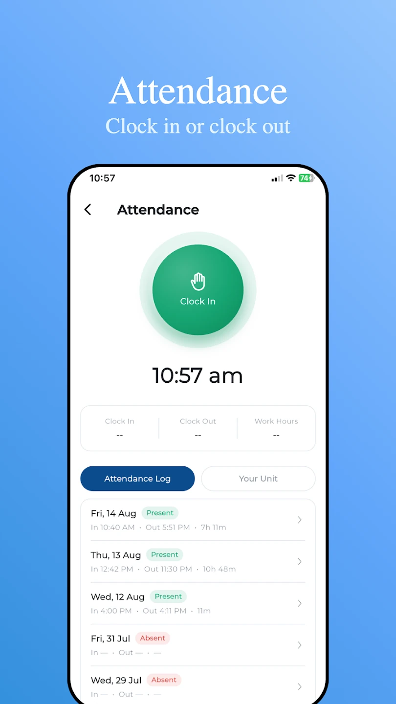 HAP ERP mobile attendance screen with a clock-in button and an attendance log.