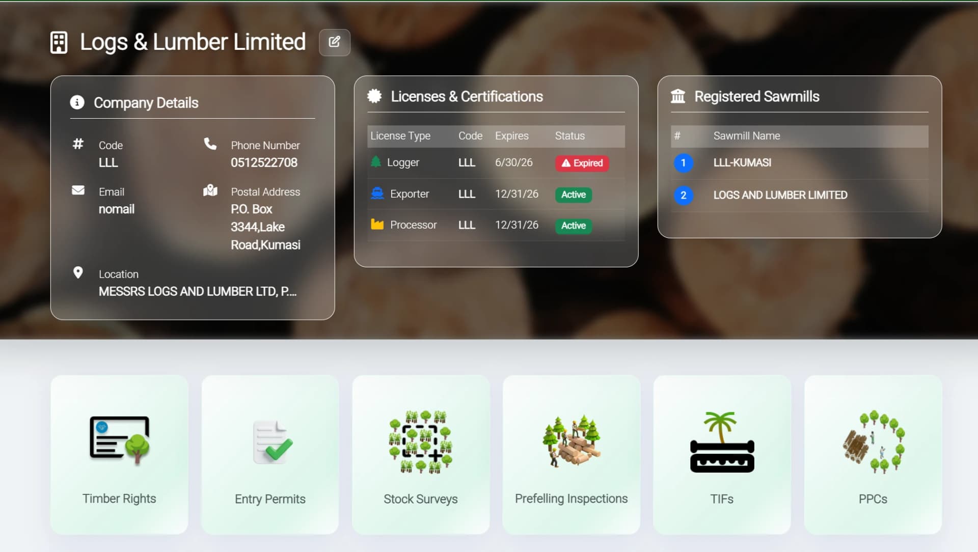 Industry Portal company profile with company details, licences and their expiry status, registered sawmills, and shortcuts to timber rights, permits and inspections.