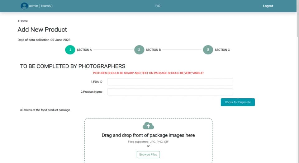 Food Ingredient Database add-product form, step one of three, with FDA ID and product name fields and a package photo upload area.