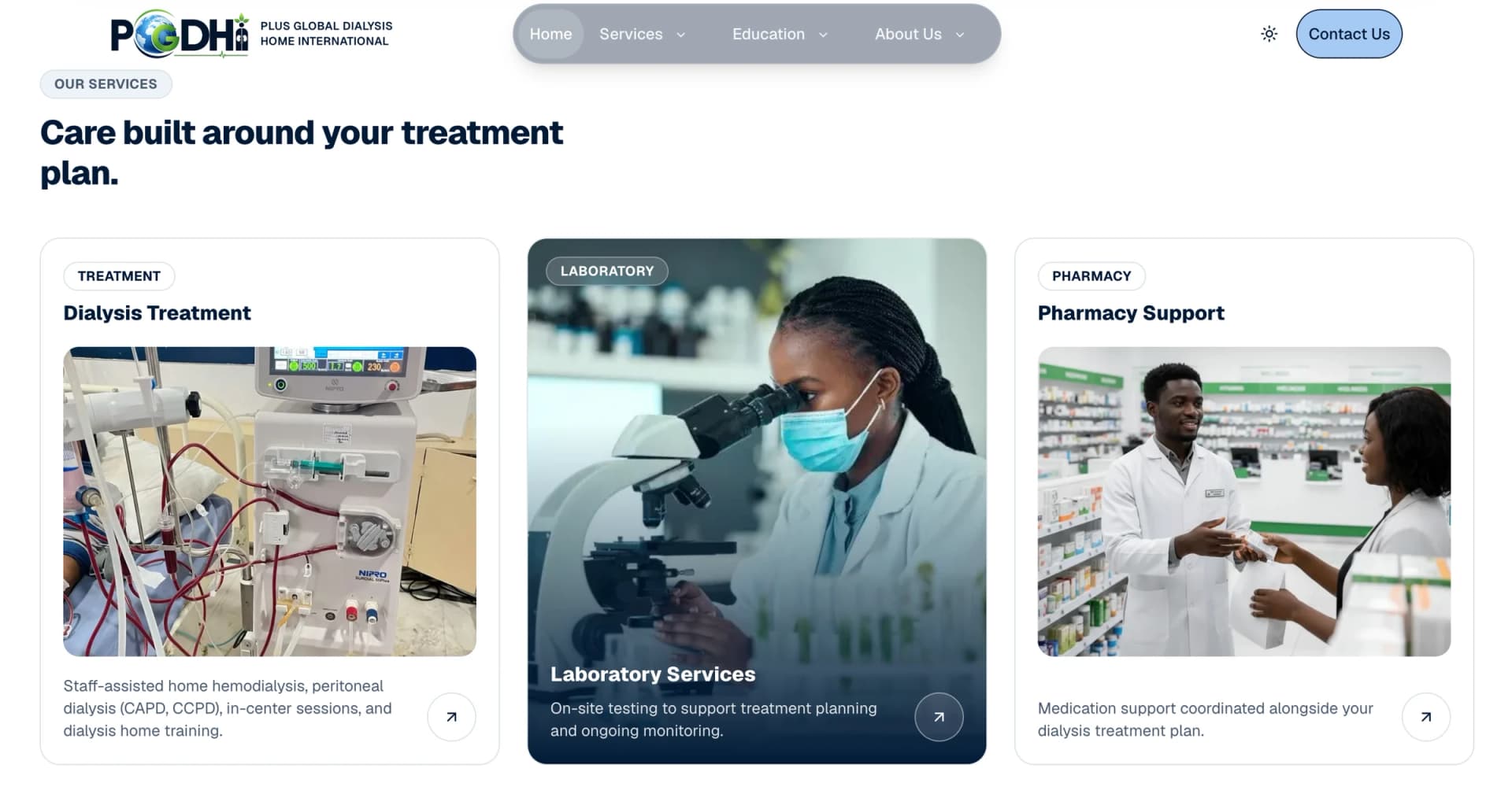 Dialysis site services section with three cards: dialysis treatment, laboratory services and pharmacy support.