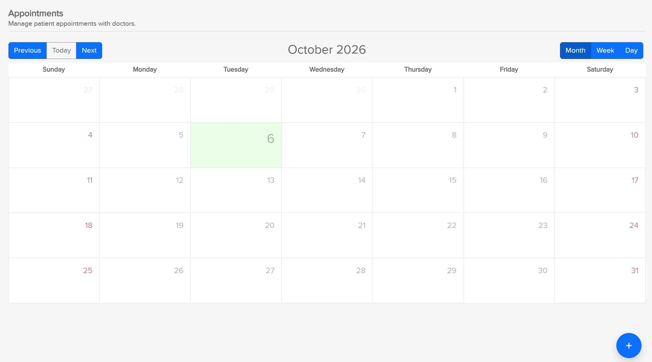 Kordzi EMR appointments calendar in month view, for managing patient appointments with doctors.