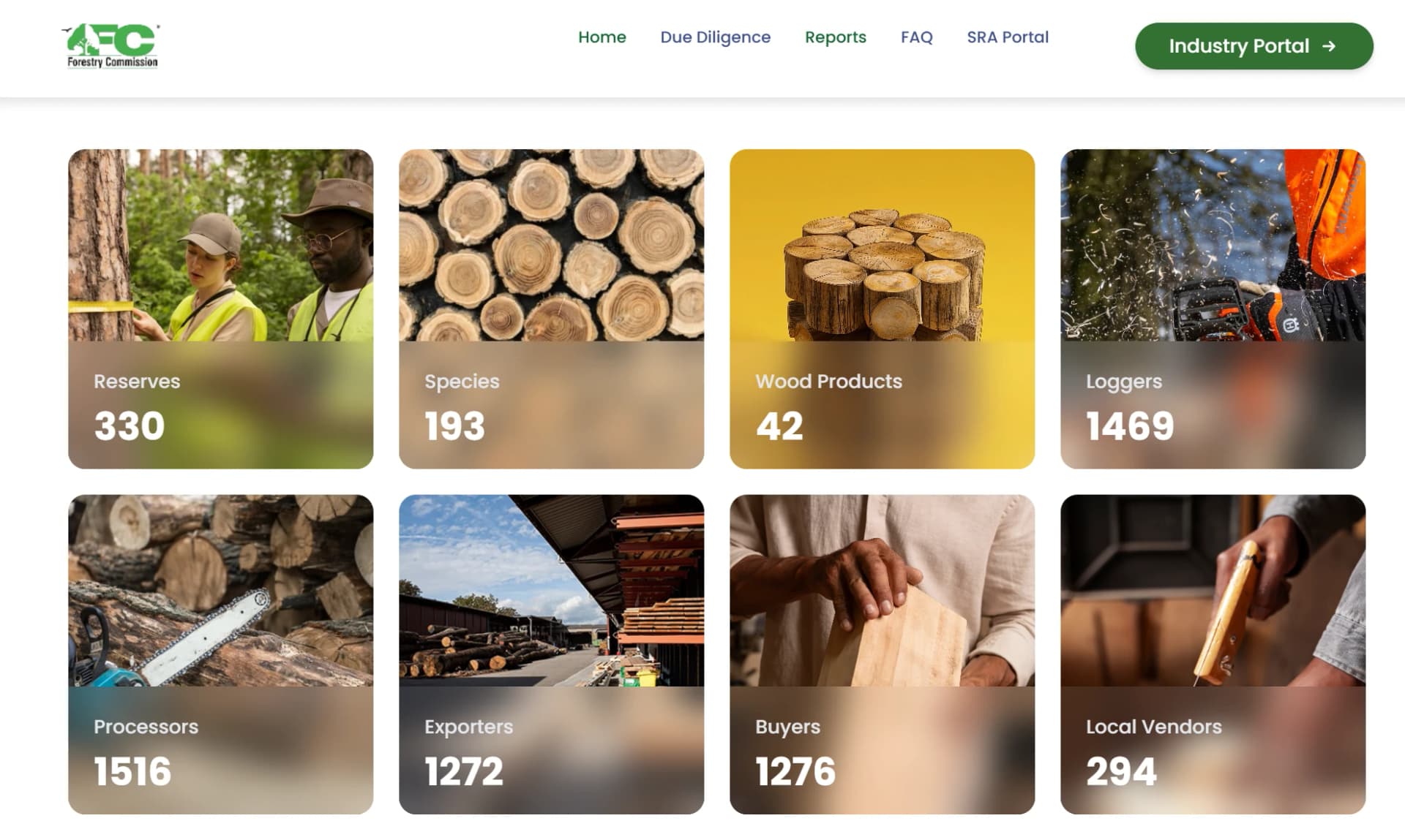 Transparency Portal statistics cards for reserves, species, wood products, loggers, processors, exporters, buyers and local vendors.