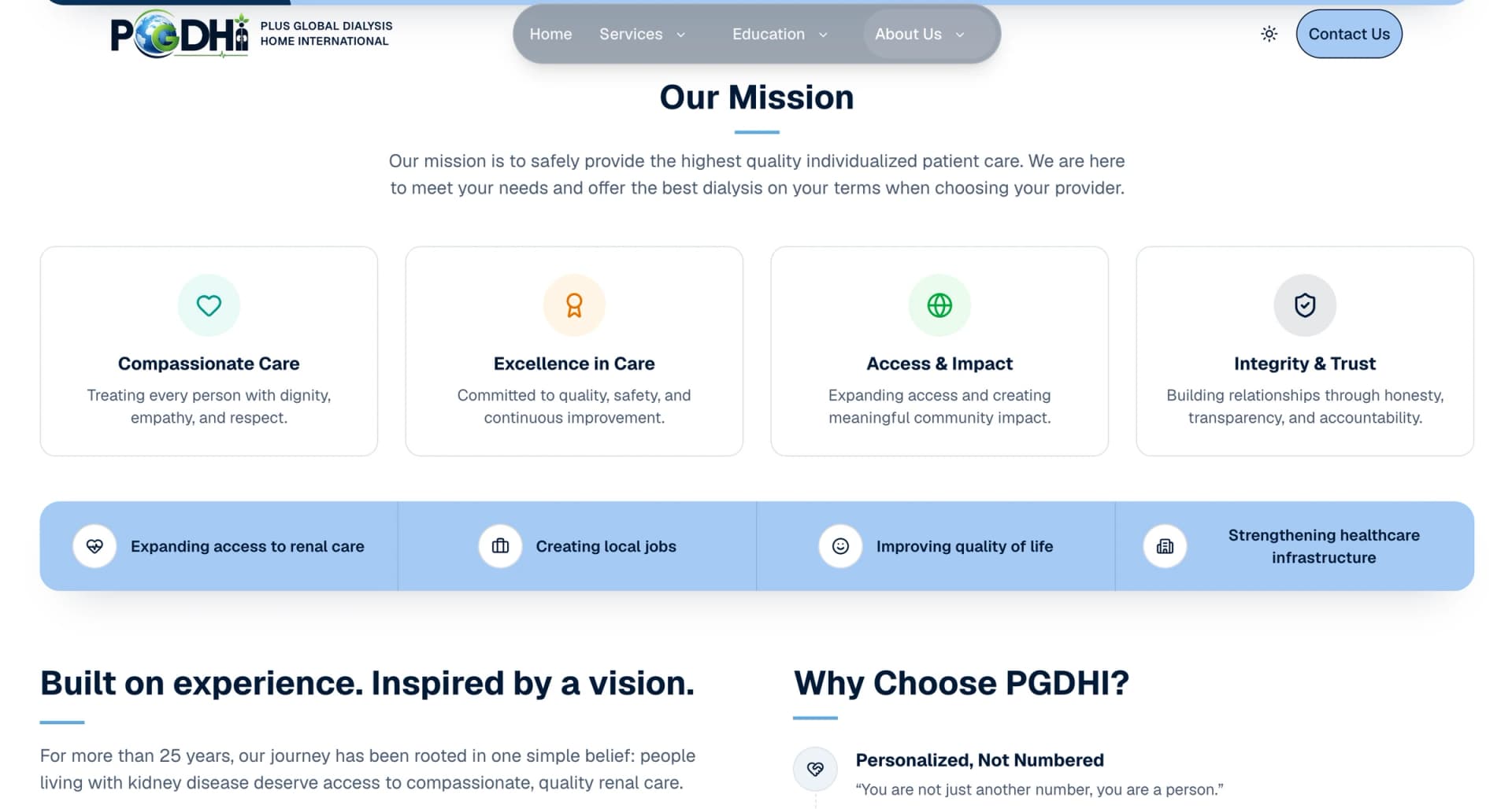 Dialysis site mission section with four value cards: compassionate care, excellence in care, access and impact, and integrity and trust.