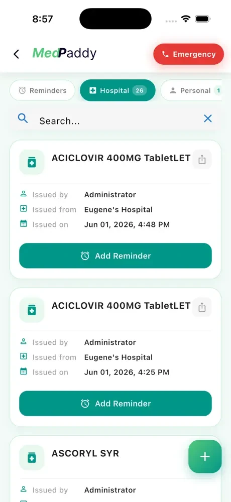 MedPaddy hospital-issued medications on an iPhone, each prescription with who issued it, when, and an Add Reminder button.