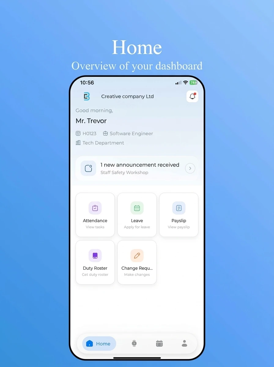 HAP ERP mobile home dashboard with shortcuts to attendance, leave, payslips, duty roster and change requests.