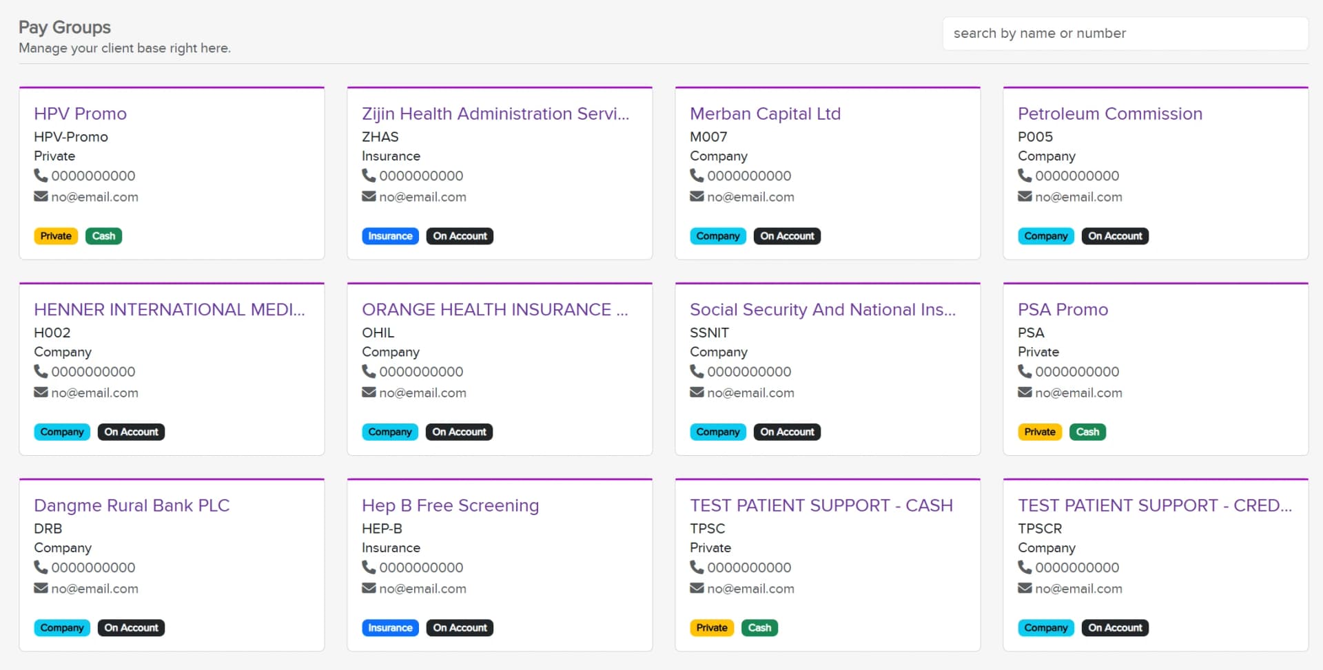 Kordzi EMR pay-group management screen listing insurer, company and private accounts with their billing type.