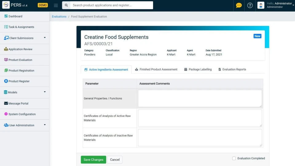 PERS evaluation screen for a food supplement, with tabs for ingredient, finished product and labelling assessments.