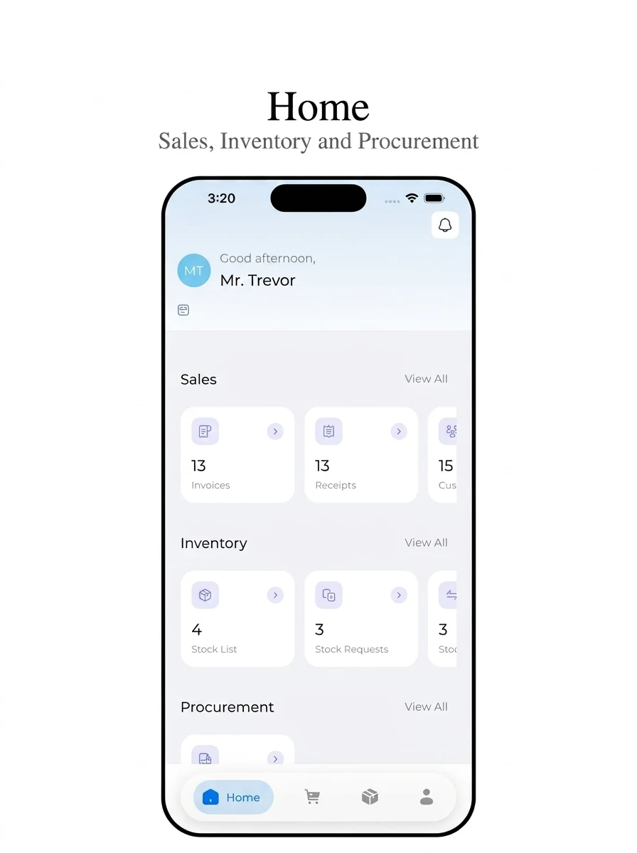 HAP ERP mobile home screen with sales, inventory and procurement summaries.
