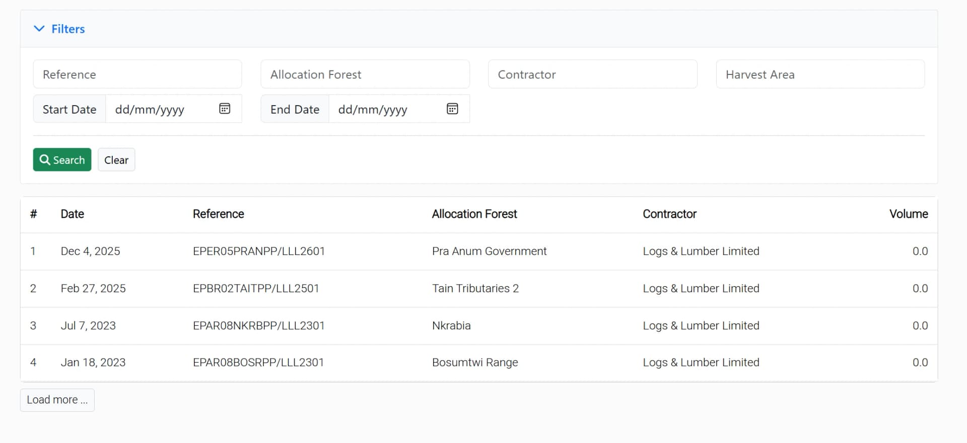 Industry Portal entry-permit list with filters for reference, allocation forest, contractor and date.