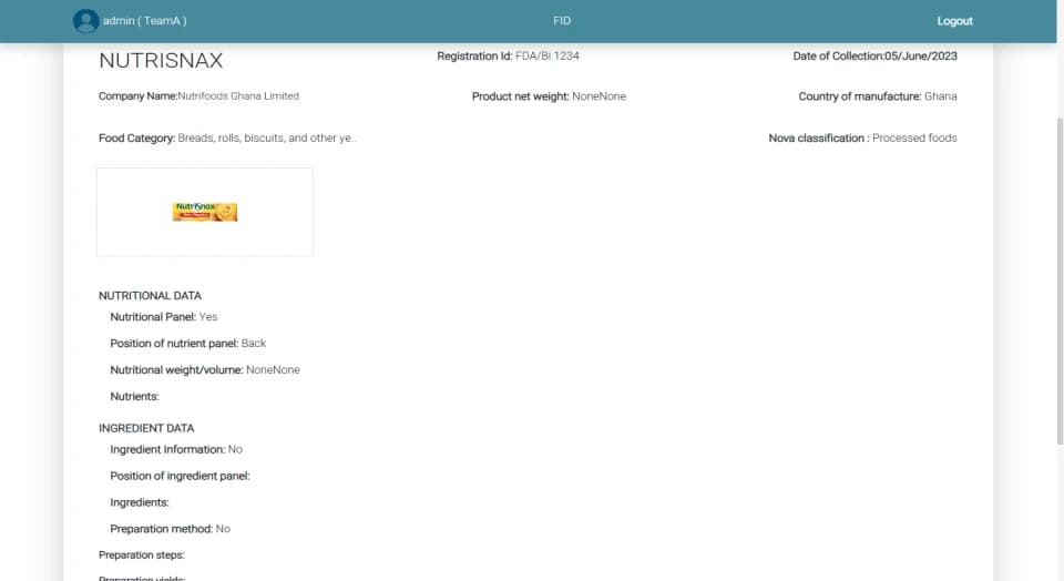 Food Ingredient Database product record showing the company, food category, Nova classification, and nutrition and ingredient data.