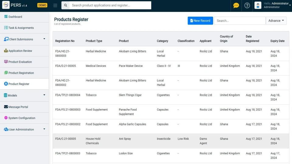 PERS products register listing registration numbers, product types, applicants, countries of origin and expiry dates.