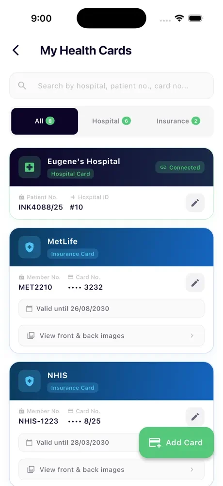 MedPaddy health cards screen on an iPhone: a connected hospital card and two insurance cards with masked card numbers.