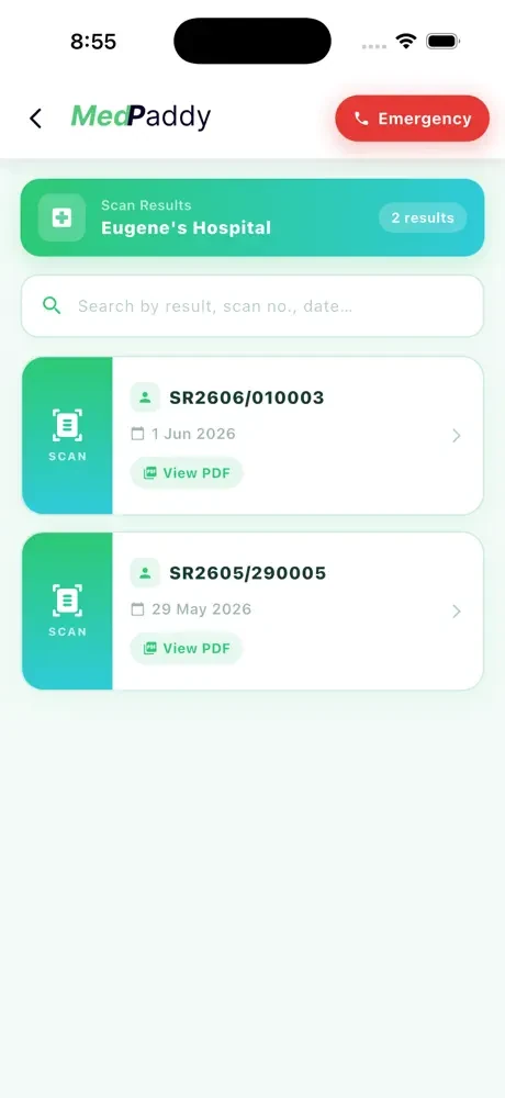 MedPaddy scan results from the connected hospital on an iPhone, each with a View PDF button.